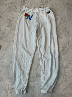 Aviator Nation White Sweatpants with Yellow and Orange Tag Detail